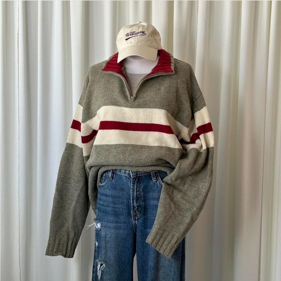 GAP Other - GAP Olive Green, Cream & Burgundy Half-Zip Stripe Sweater